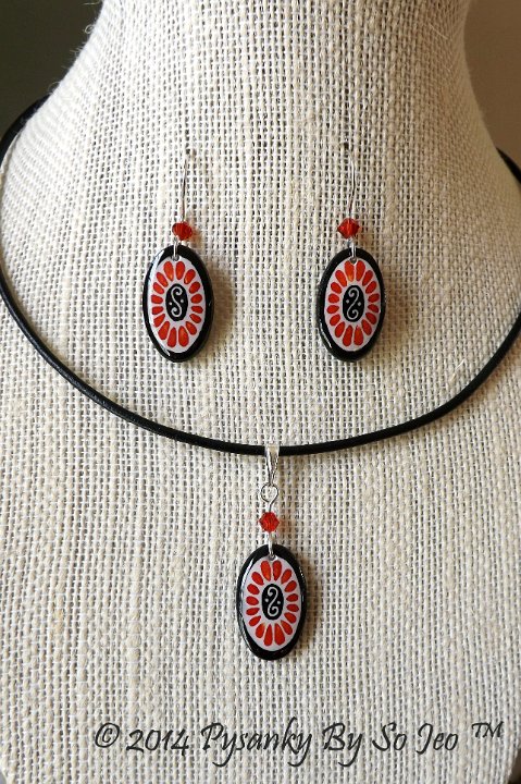 Scarlet Oval Earrings and Matching Necklace Pysanky Jewelry by So Jeo